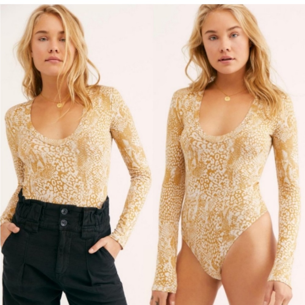 Free People Scoop Neck Long Sleeve Printed Bodysuit in Mustard and Cream